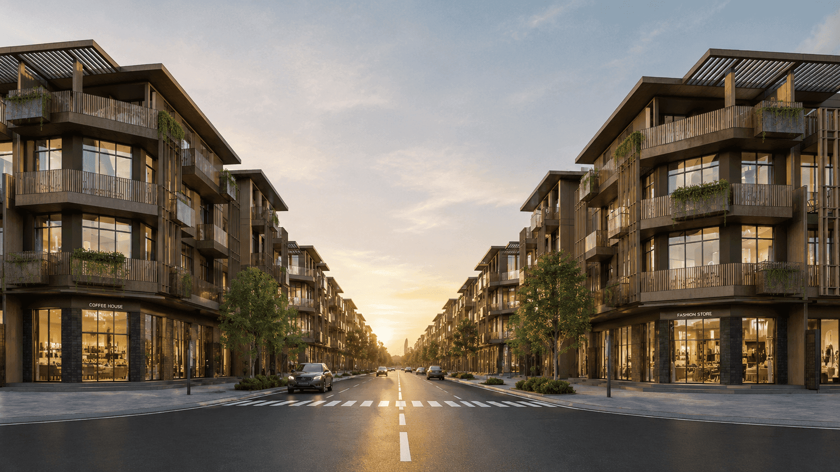 Phối cảnh tuyến phố shophouse thương mại Xuân Mai BMT Gateway lúc hoàng hôn