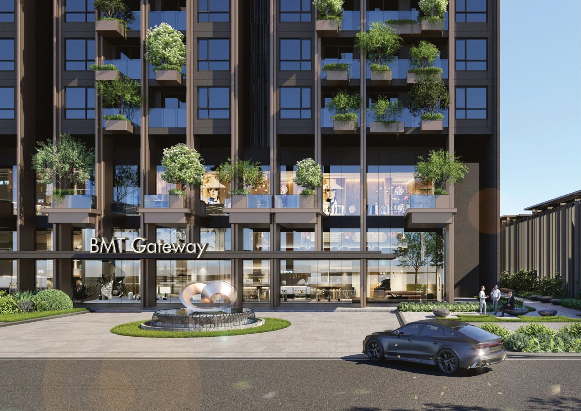Khối đế thương mại và dịch vụ BMT Gateway với cửa hàng, gym và cảnh quan