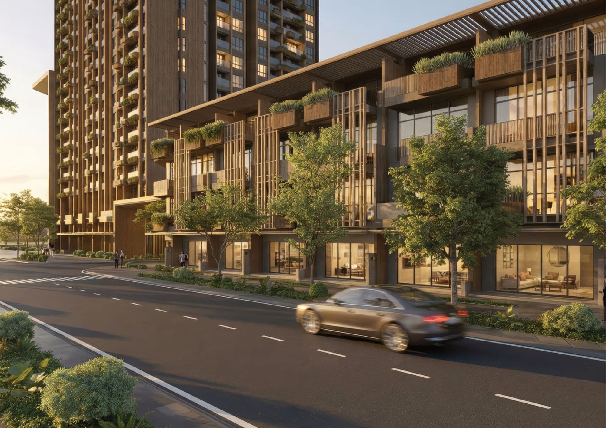 Mặt đứng shophouse gỗ với cửa hàng và cảnh quan đường phố