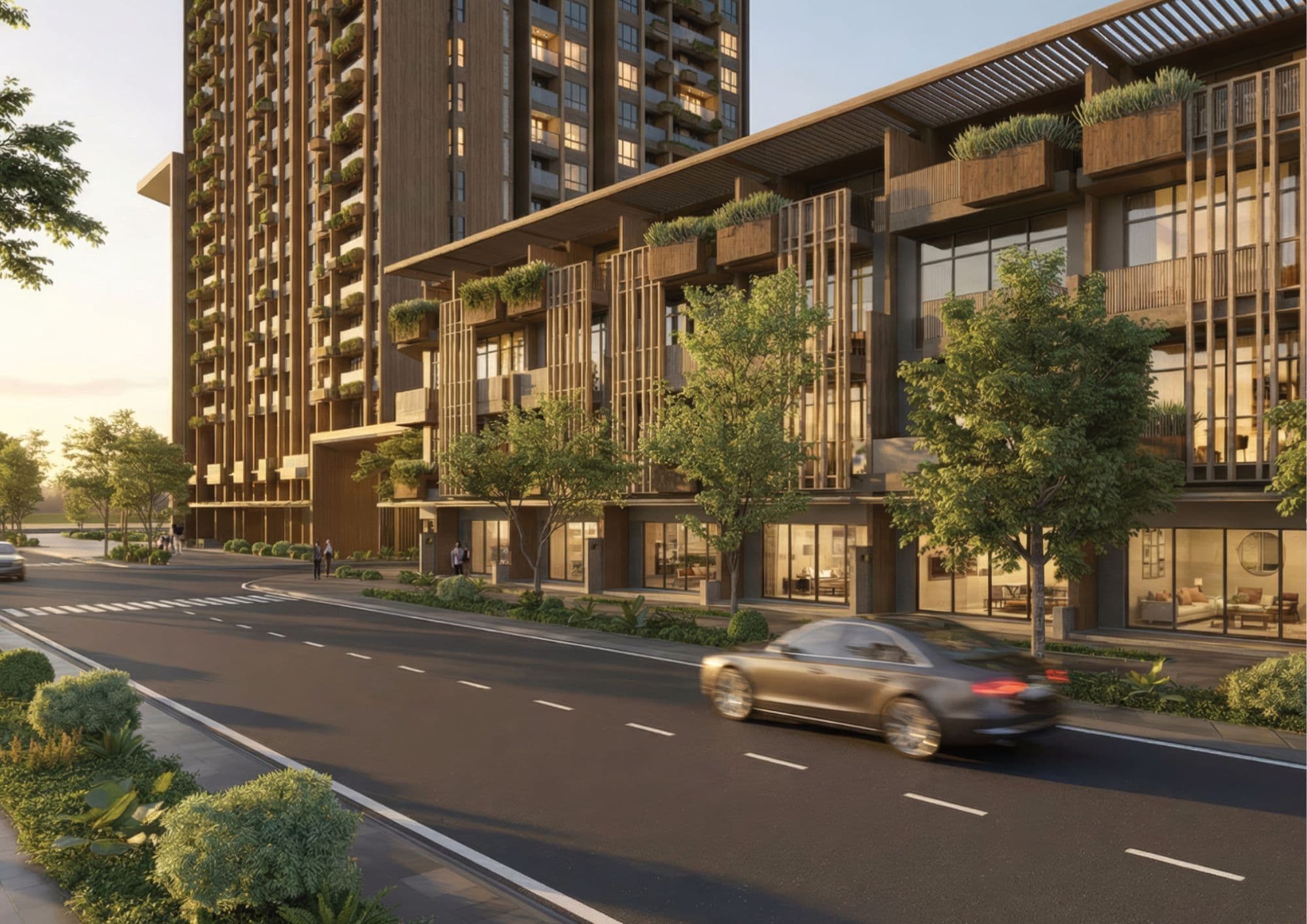 Dãy shophouse mặt phố với retail tầng trệt lúc hoàng hôn